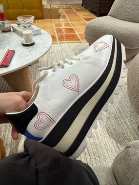 Stella McCartney White Platform Sneakers with Red Heart Stitching and Black Trim